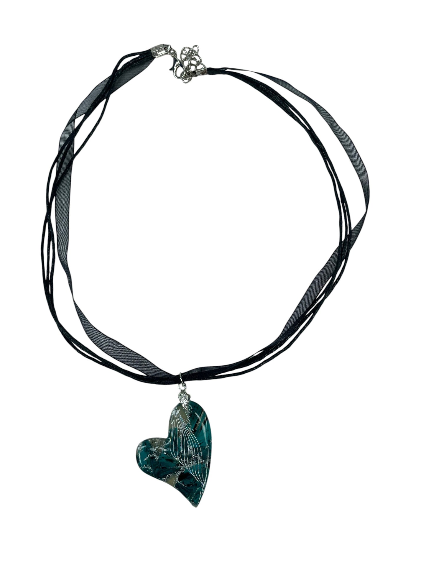 Heart-shaped pendant, deep teal, ocean blue, smoky silver Necklace