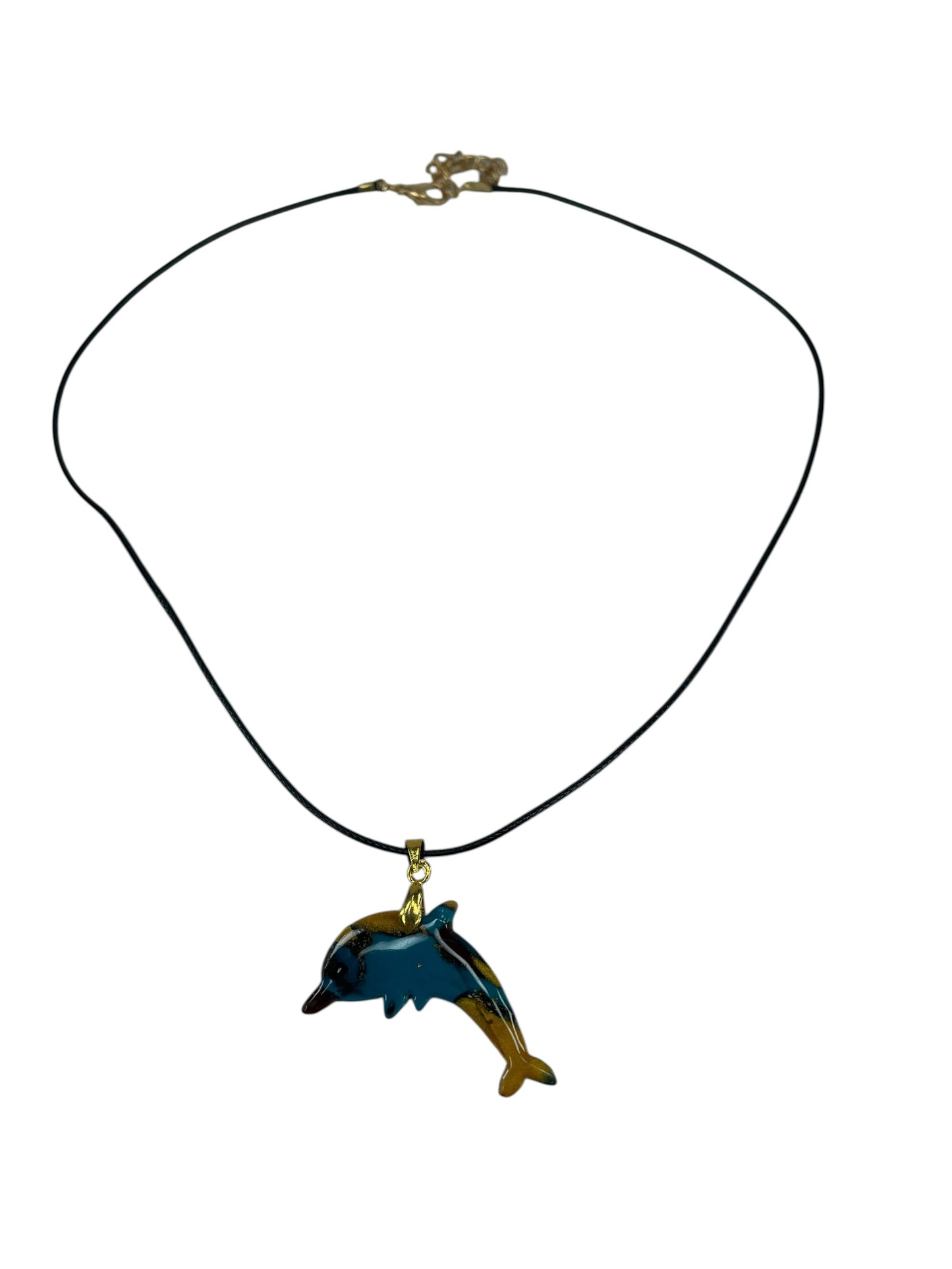Teal and warm golden playful dolphin-shaped pendant Necklace