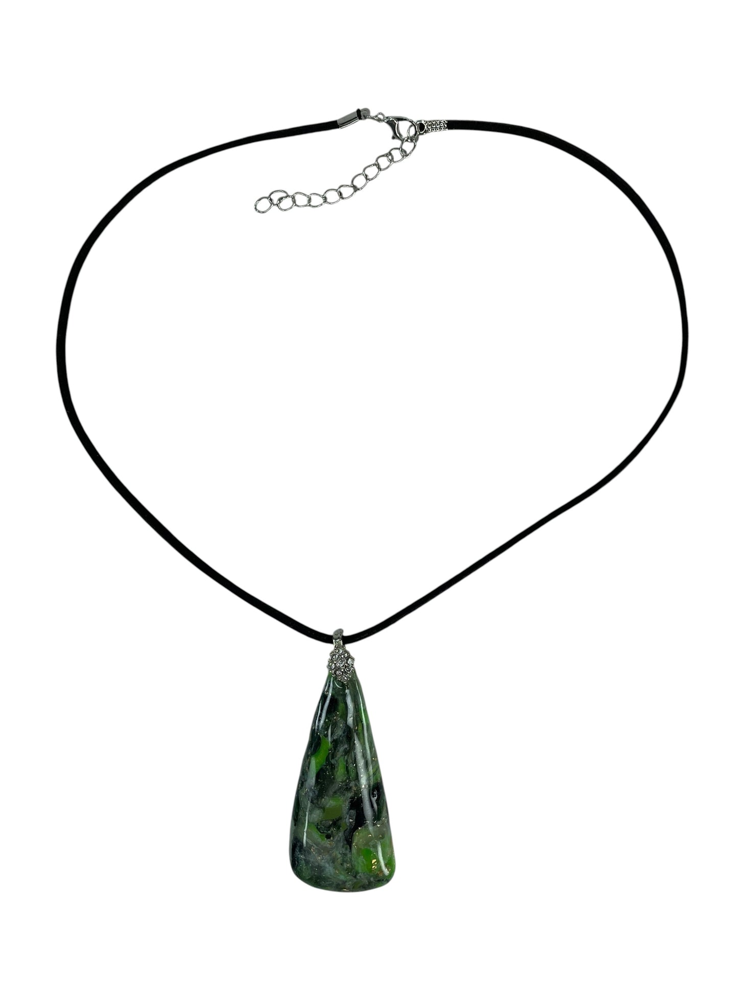 Teardrop-shaped cabochon pendant, light green and black Necklace