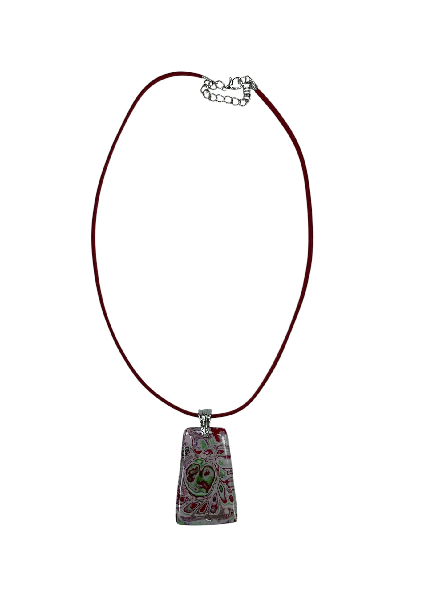 Captivating pendant, rich ruby red, soft mossy green, silvery gray Necklace