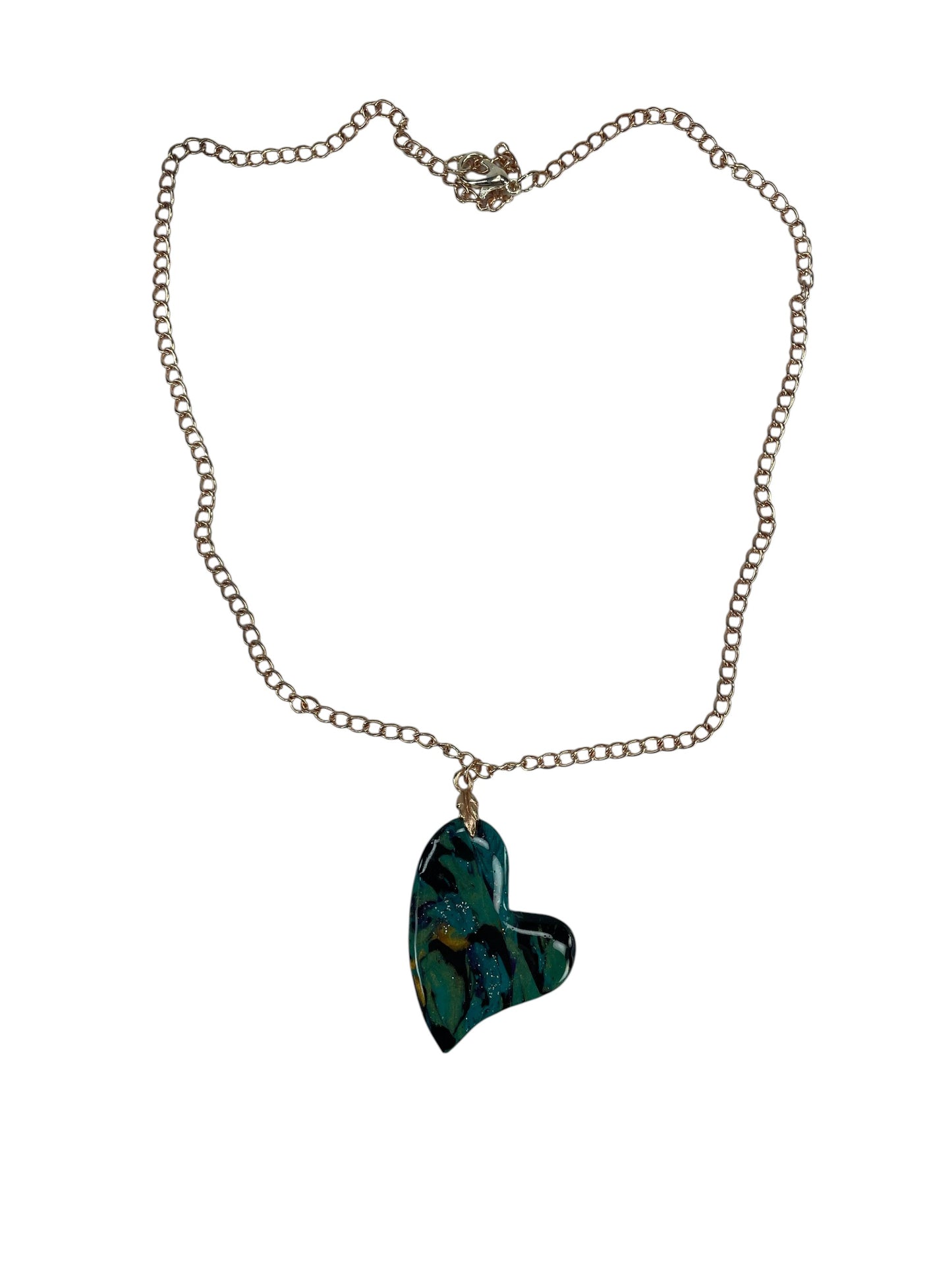 Heart-shaped DOUBLE-sided rich teal, emerald, deep blue Necklace