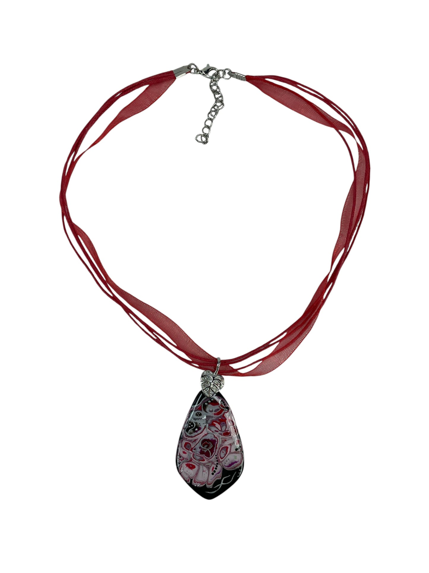 Flowing shades of crimson, ruby, soft pink, silver, and black Necklace