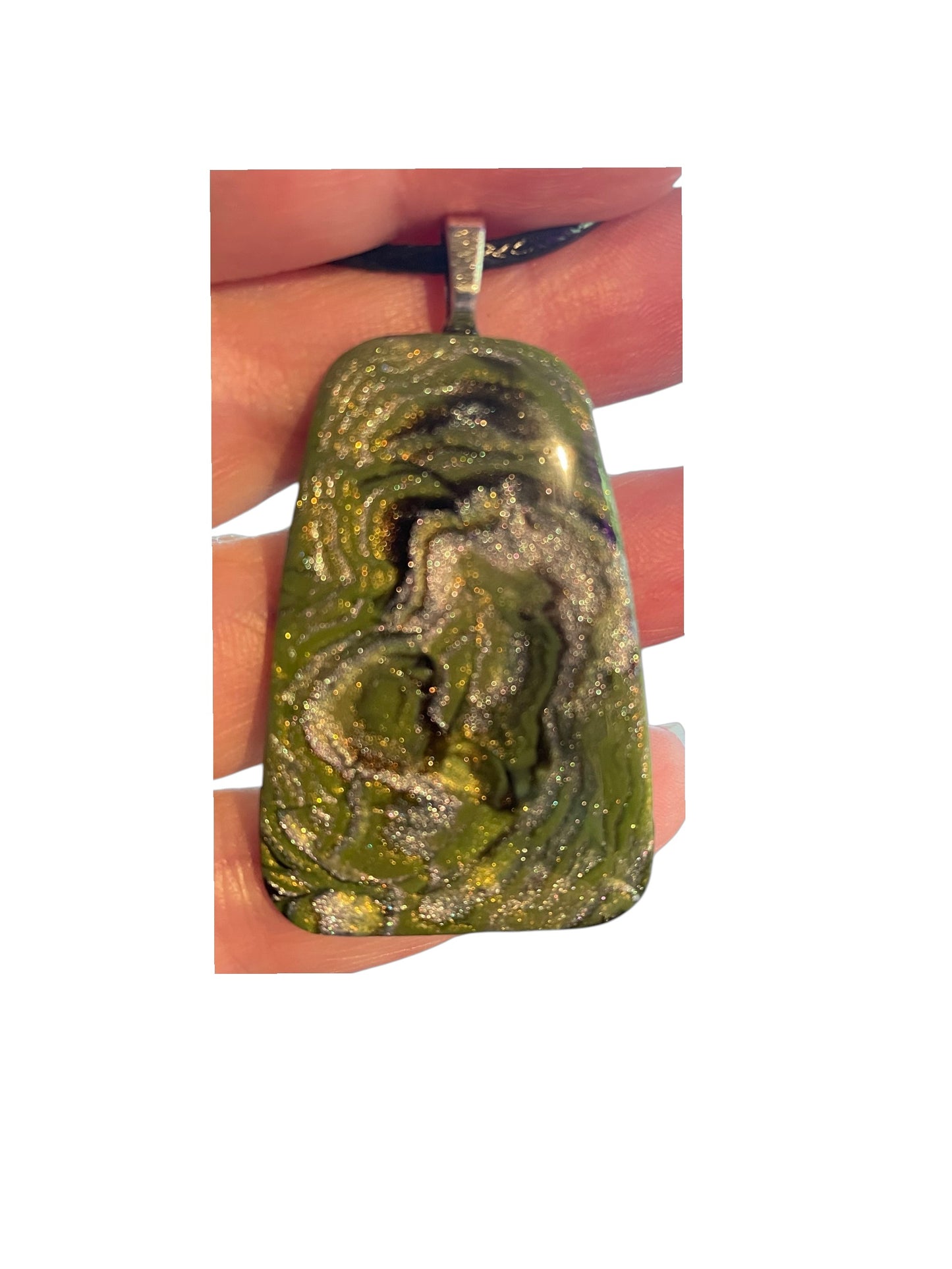 Swirling olive, moss, charcoal, and shimmering silver Necklace