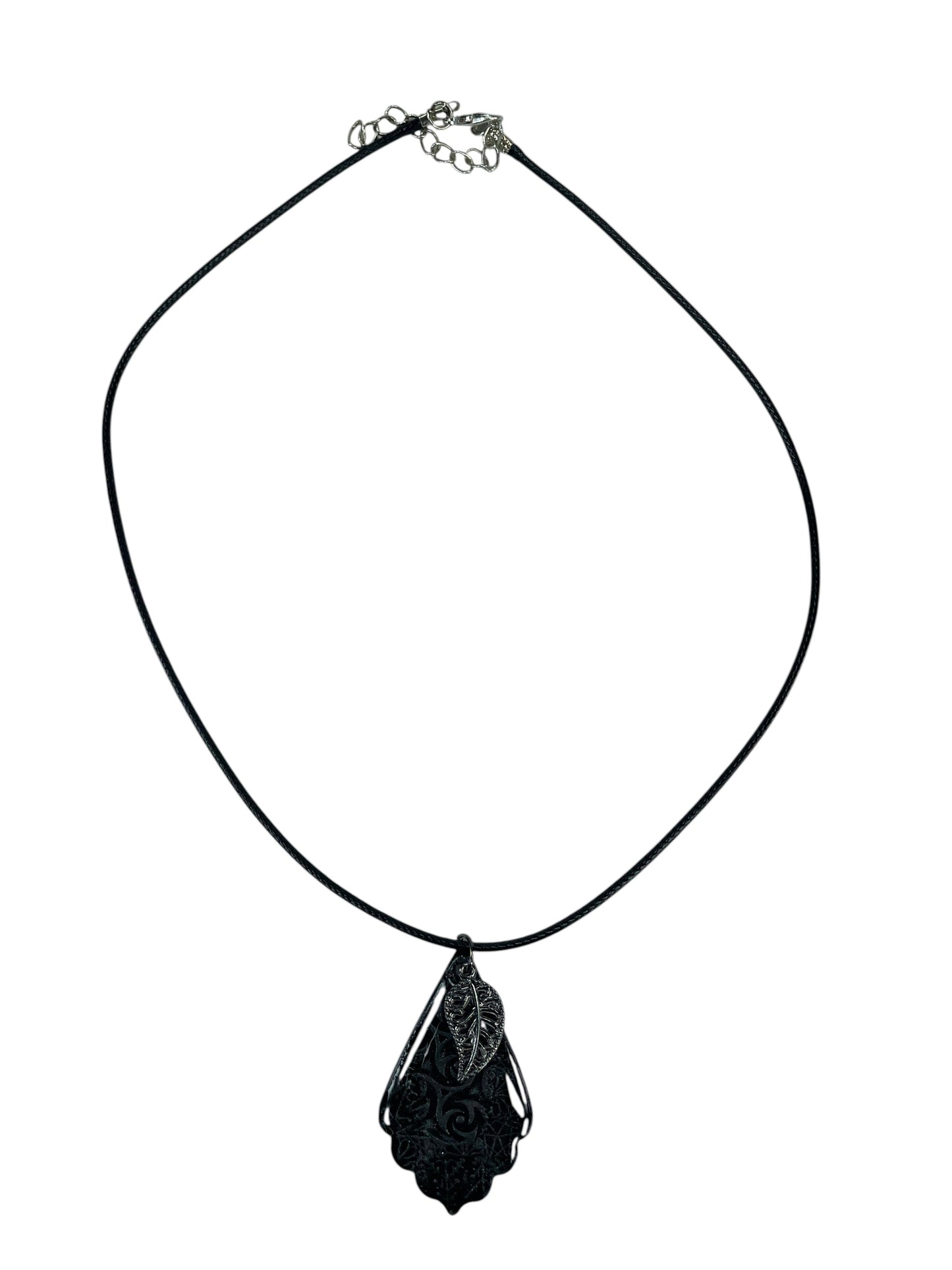 Subtle swirling shimmering patterns and black leaf charm Necklace