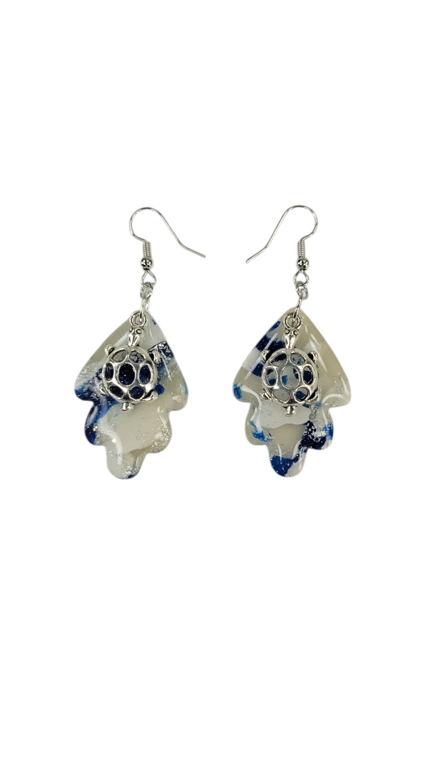 White, blue and translucent Earrings with turtle charms