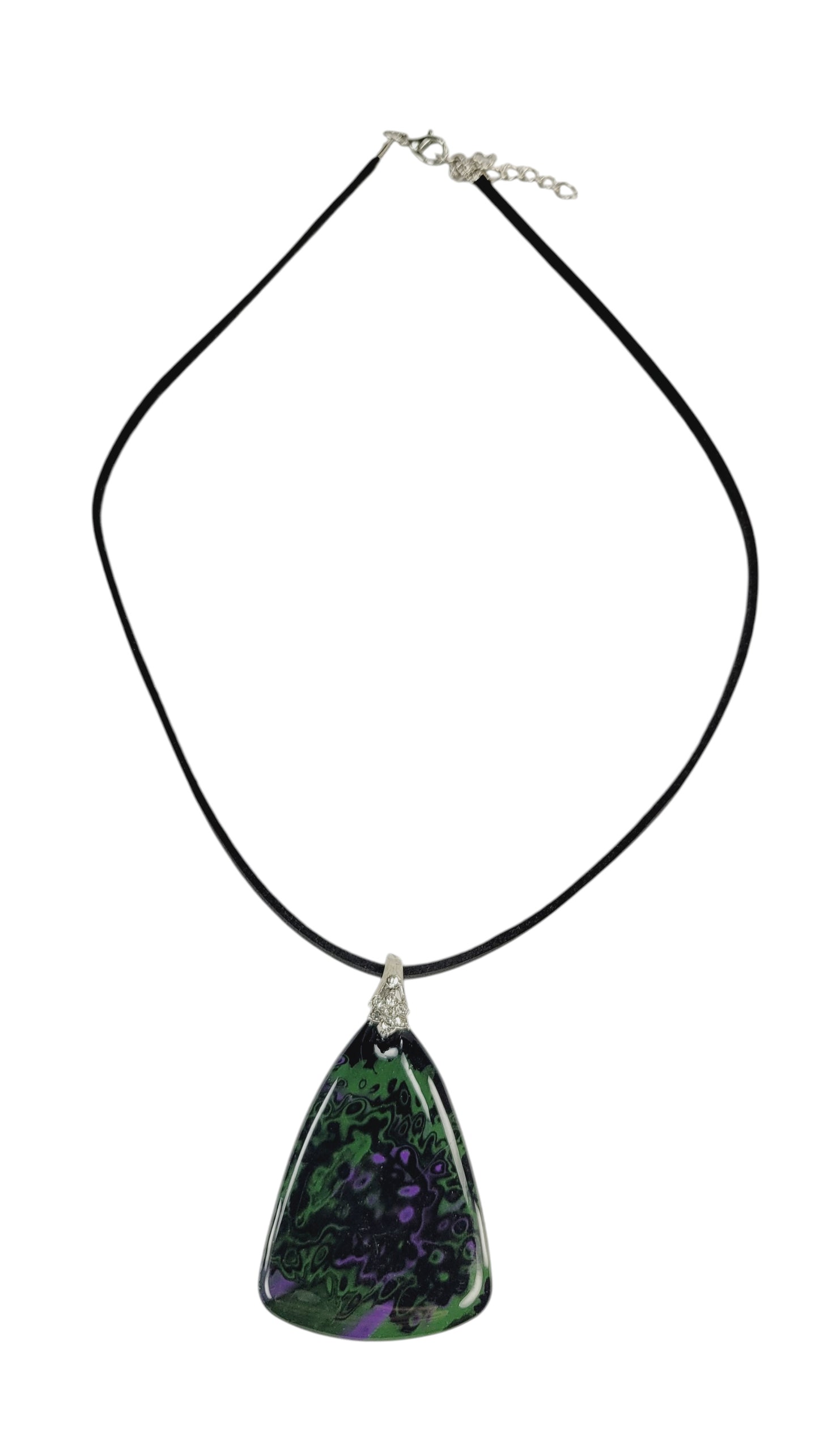 Deep greens and violet flashes on black Necklace
