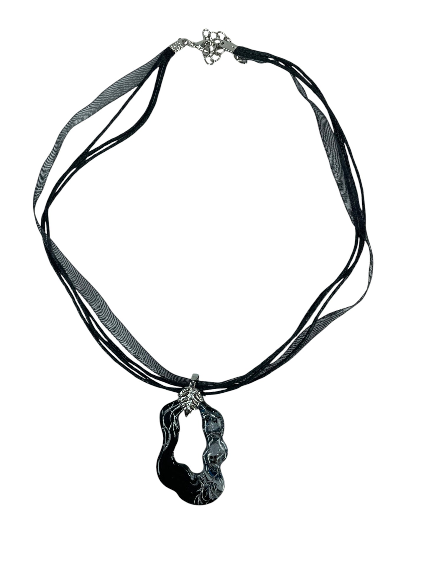 Black and silver freeform pendant on leaf bail Necklace