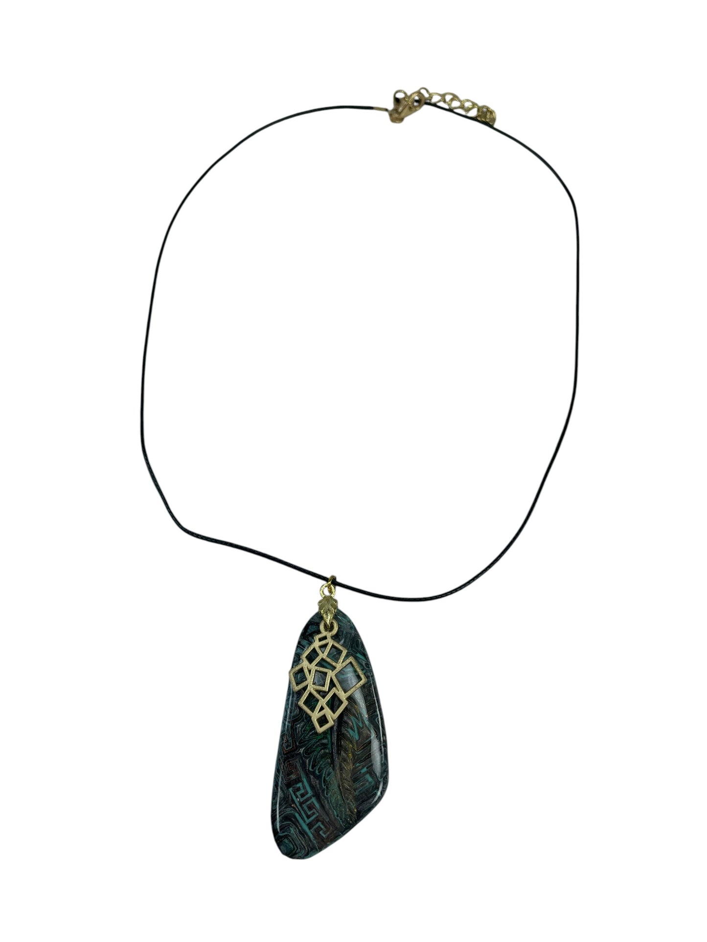 Deep teal and forest-green rustic pendant with mat golden charm Necklace