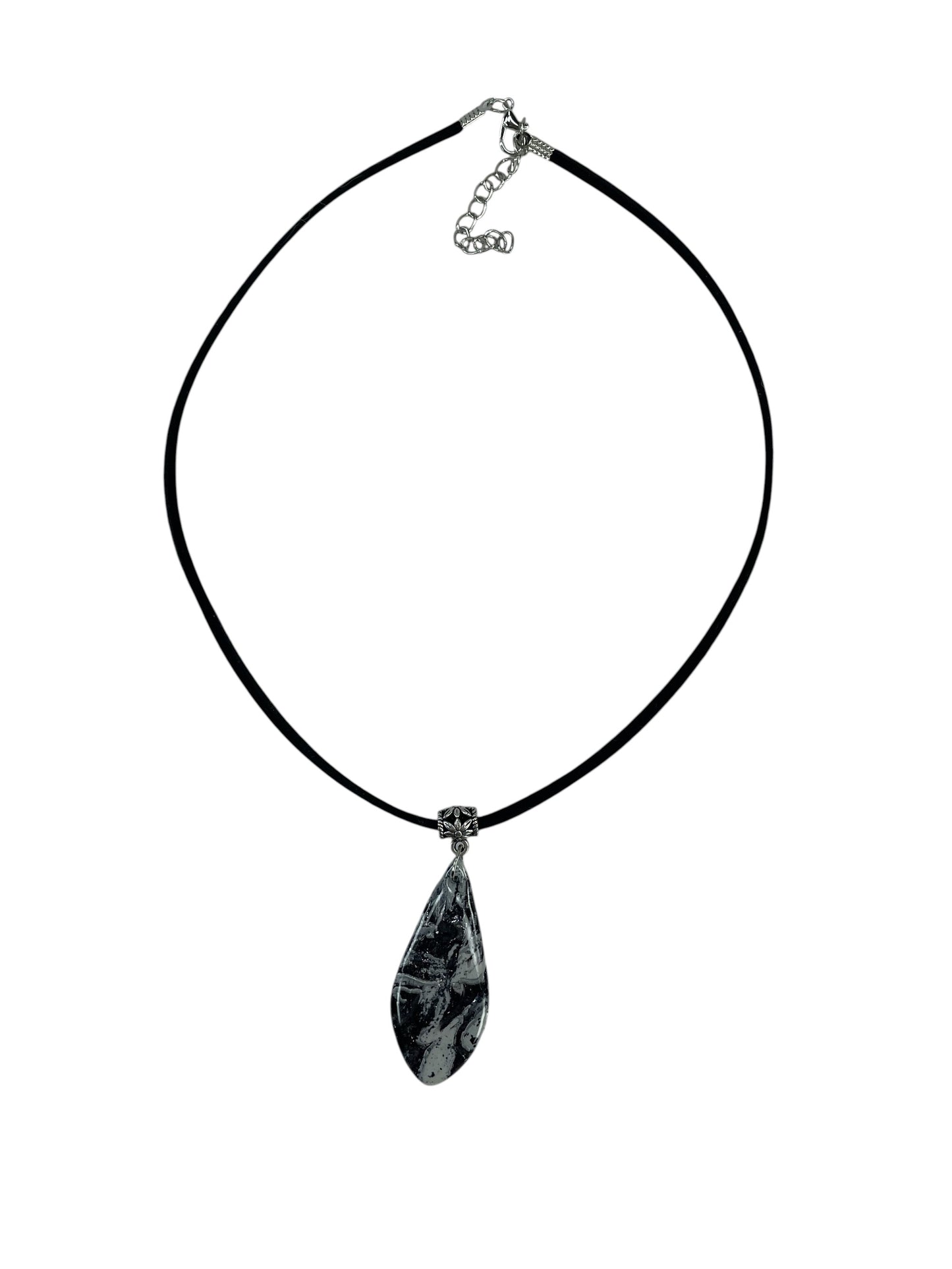 Elongated pendant, charcoal tones, marbled with grey and silver Necklace