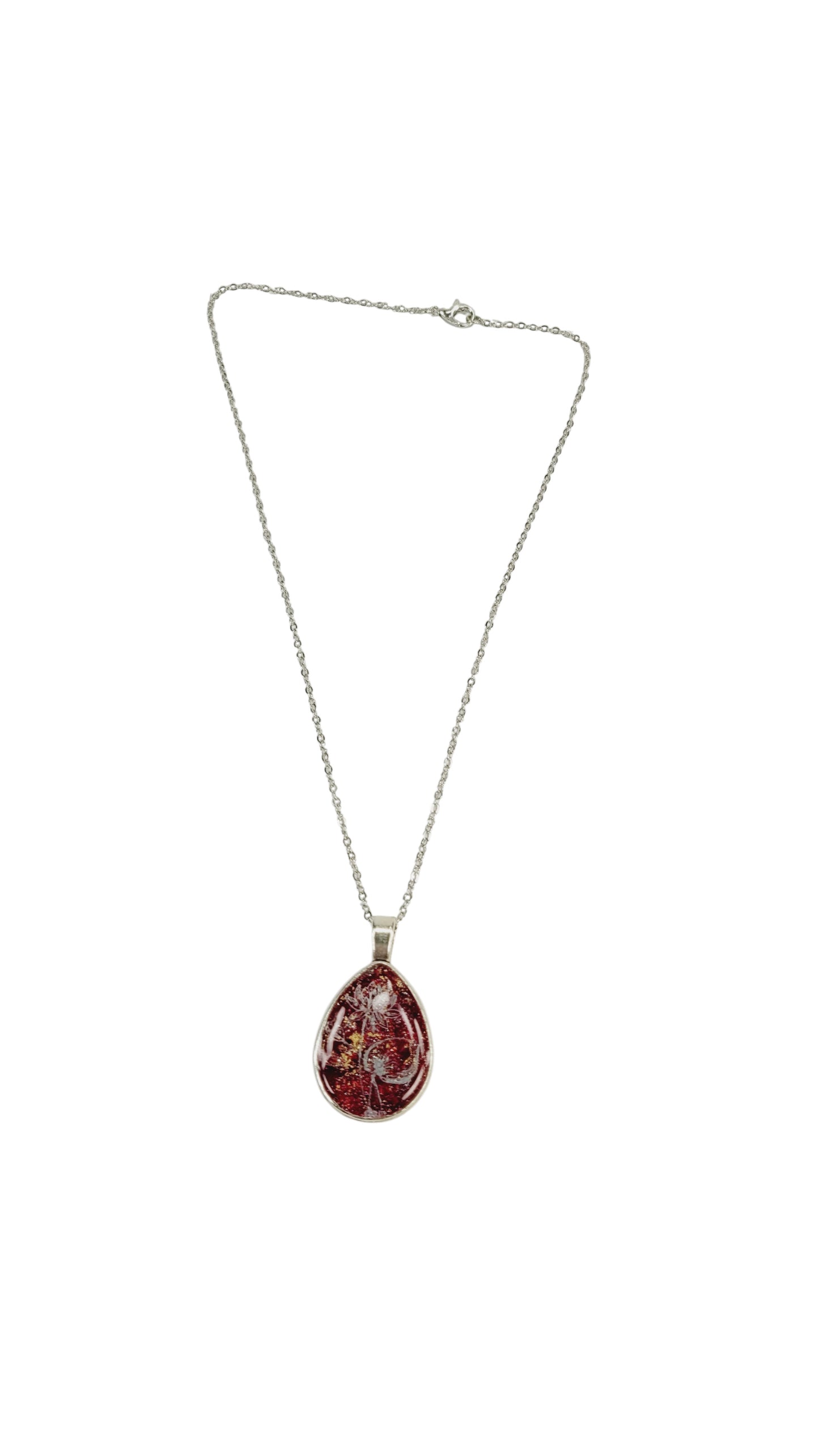 Delicate lily flower on deep red tones teardrop Necklace