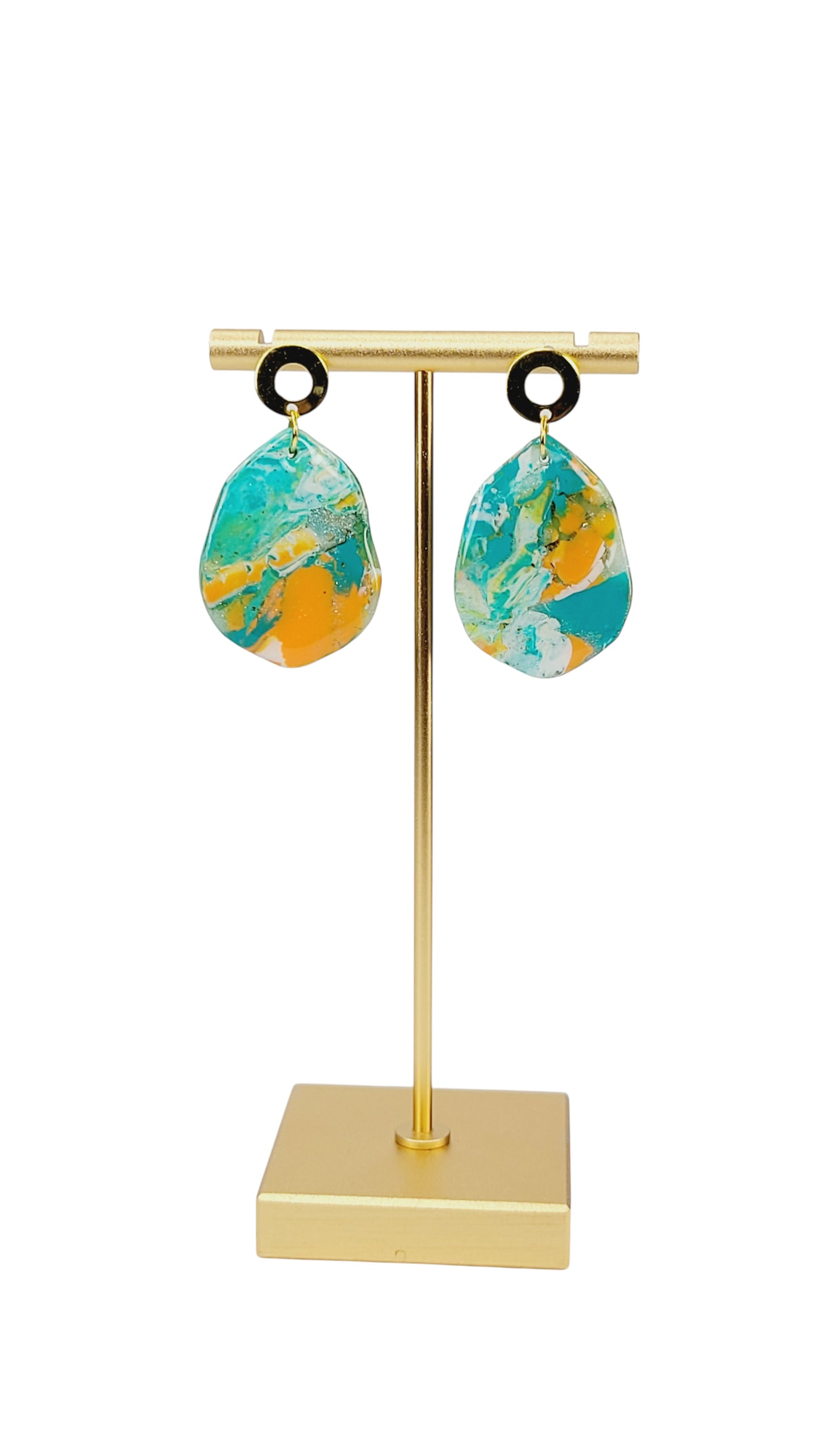Organically shaped turquoise and orange Earrings with posts