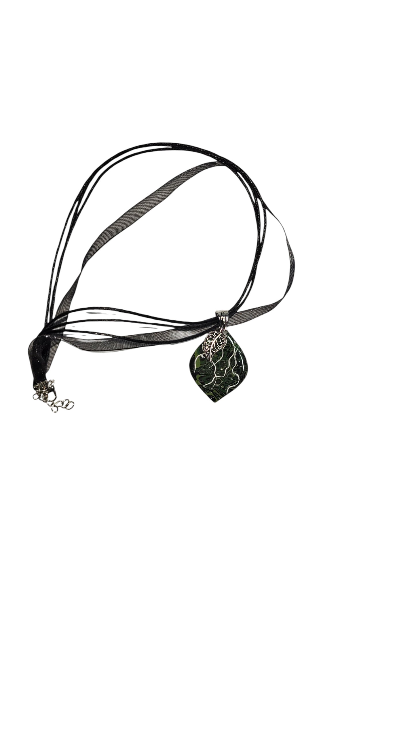 Dark green with silver and leaf charm Necklace