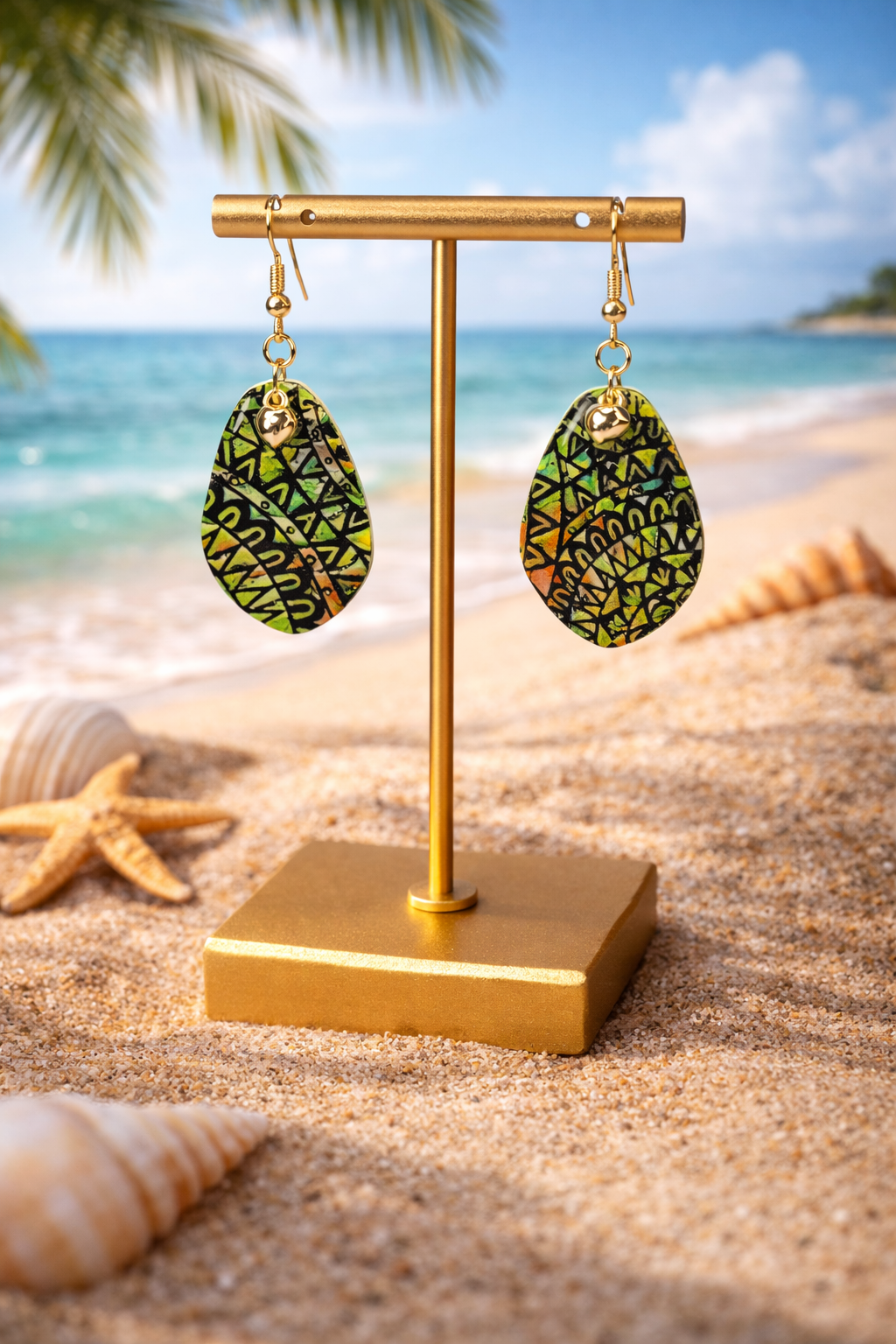 Green, gold and earthy orange tribal pattern Necklace and Earrings SET