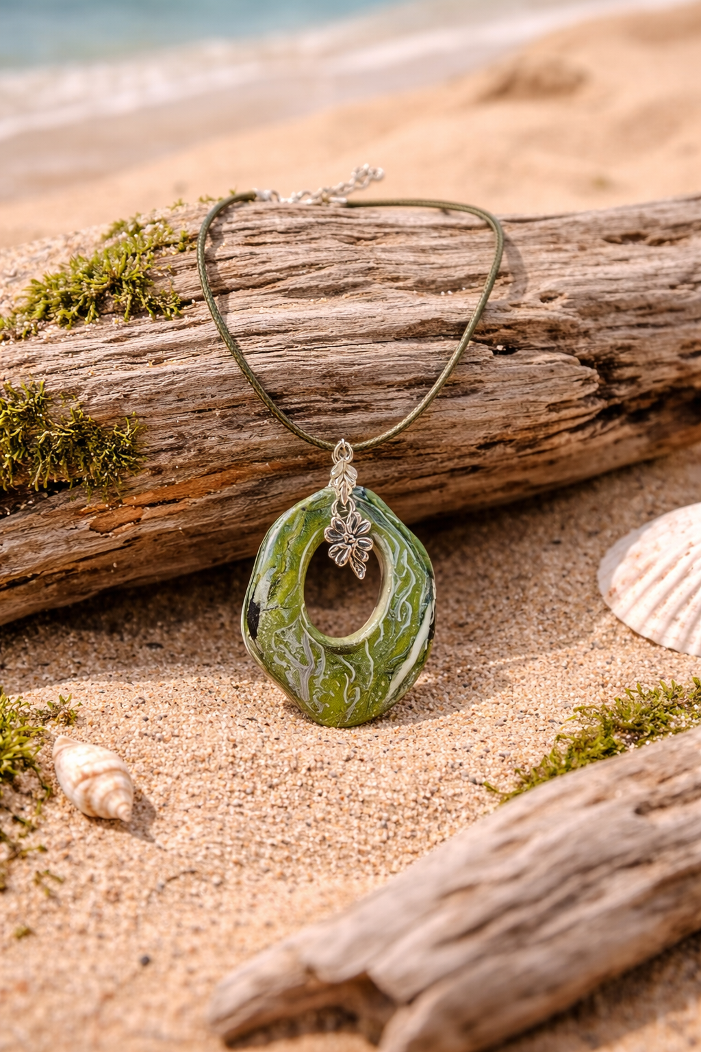 Soft greens swirling with silver lines and flower charm Necklace