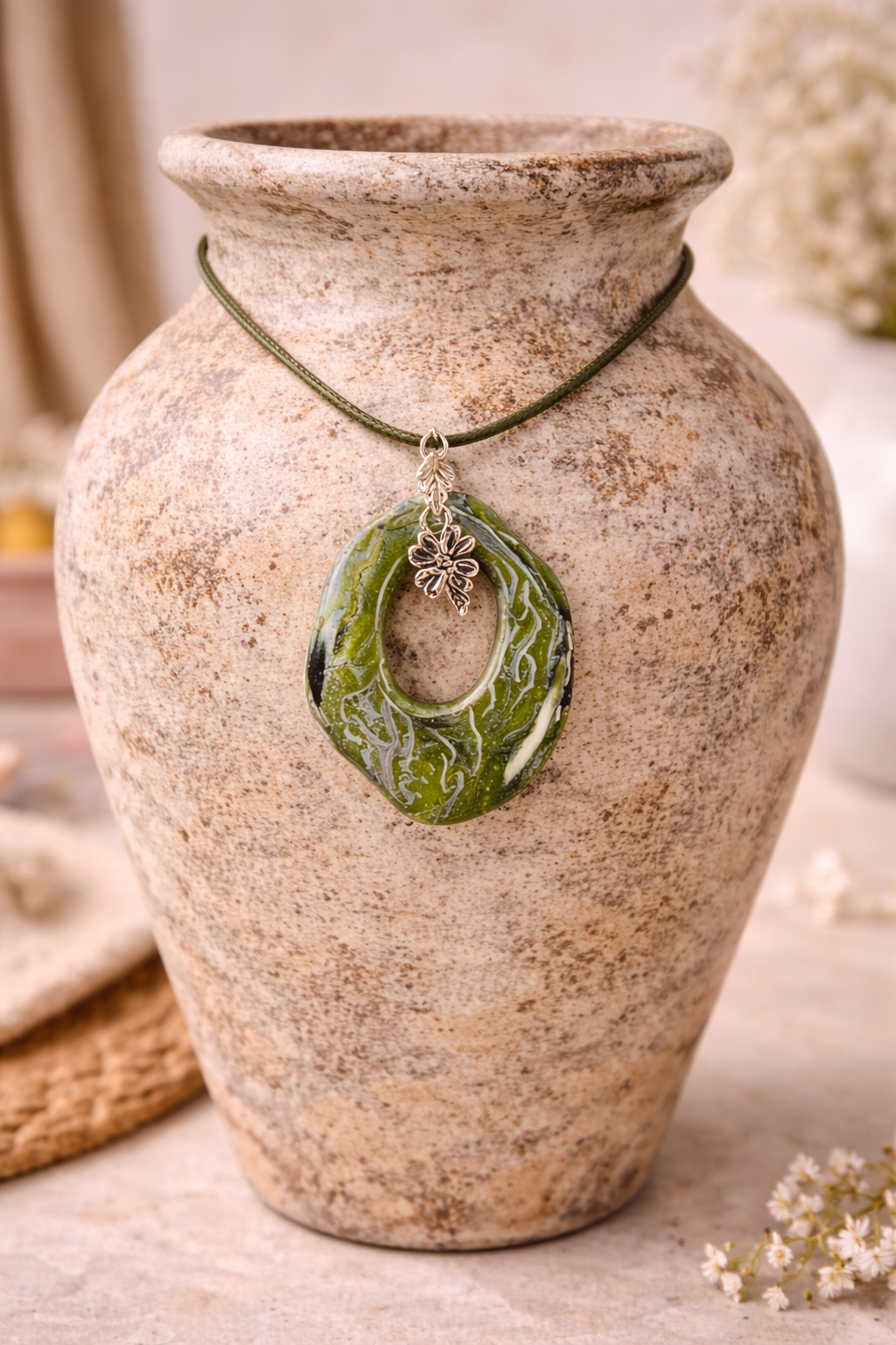 Soft greens swirling with silver lines and flower charm Necklace