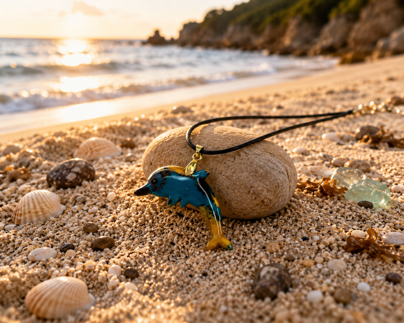 Teal and warm golden playful dolphin-shaped pendant Necklace