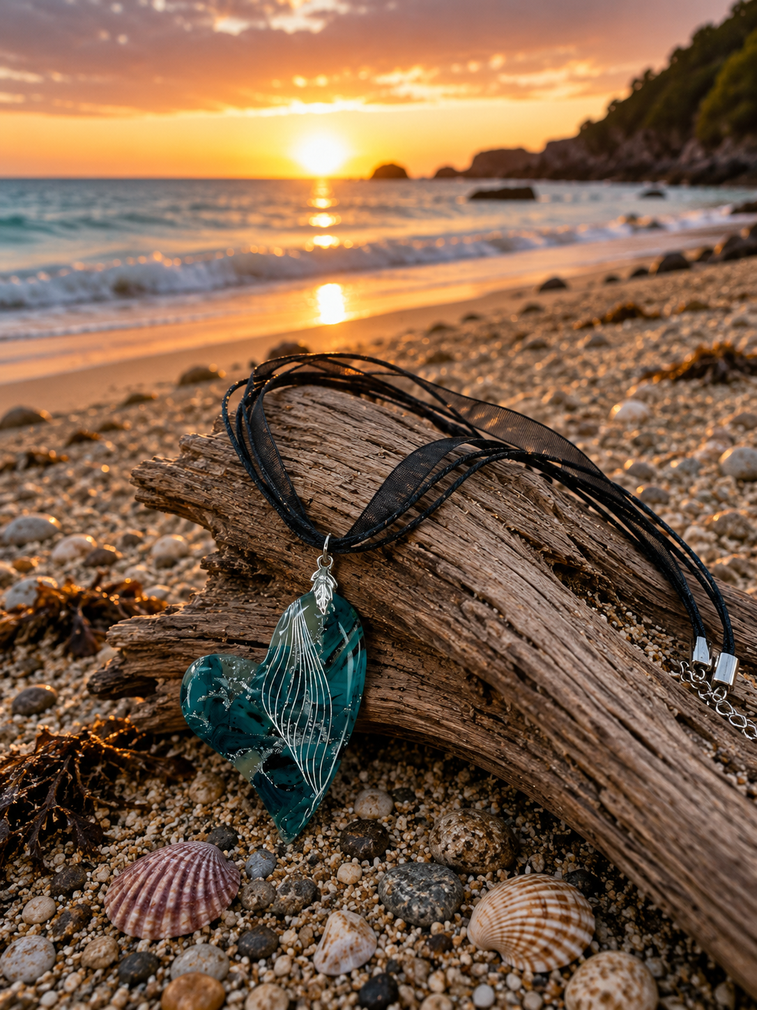 Heart-shaped pendant, deep teal, ocean blue, smoky silver Necklace