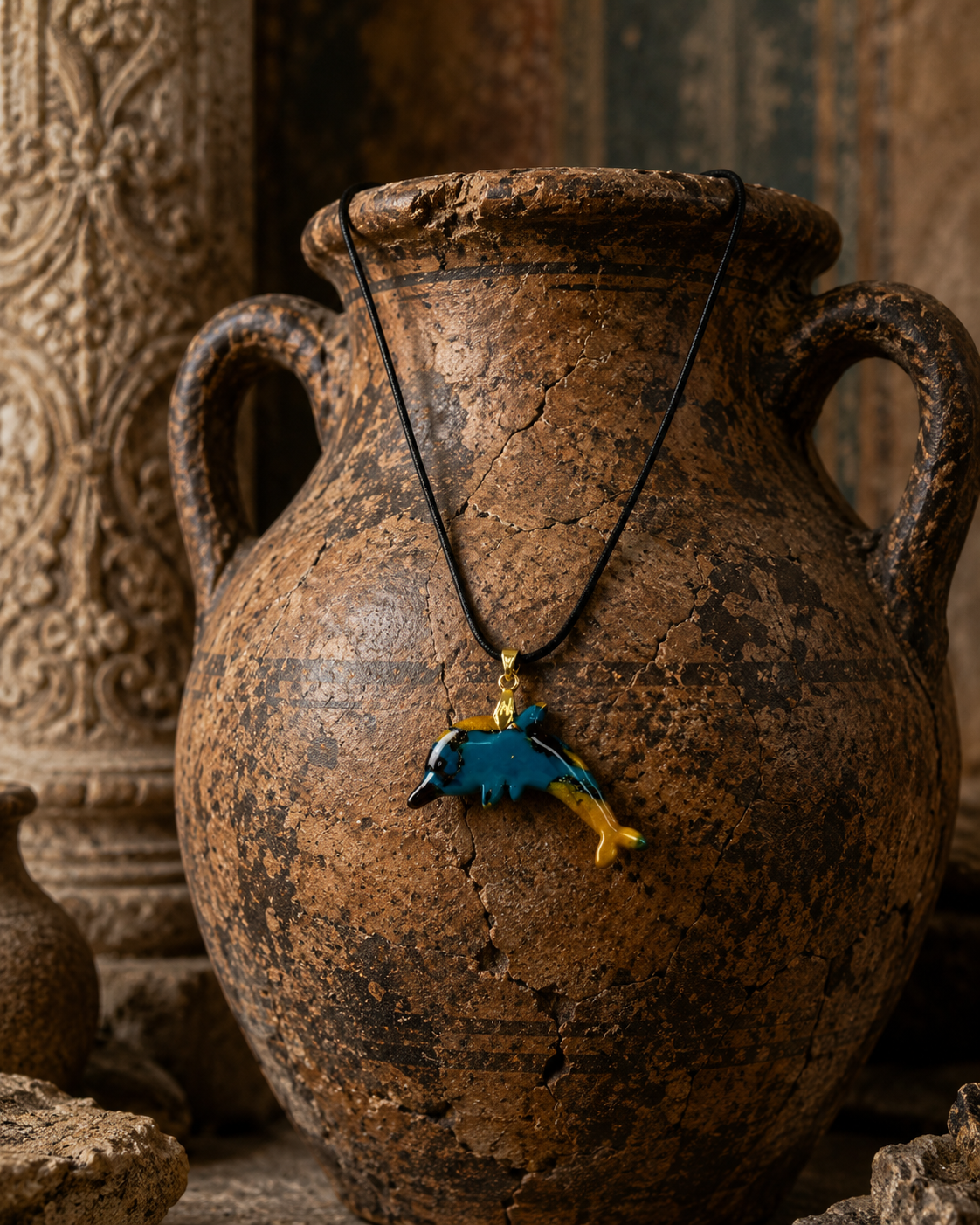 Teal and warm golden playful dolphin-shaped pendant Necklace