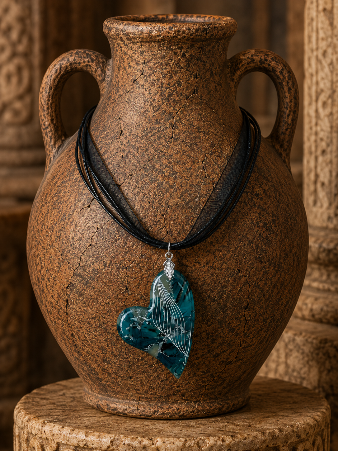 Heart-shaped pendant, deep teal, ocean blue, smoky silver Necklace