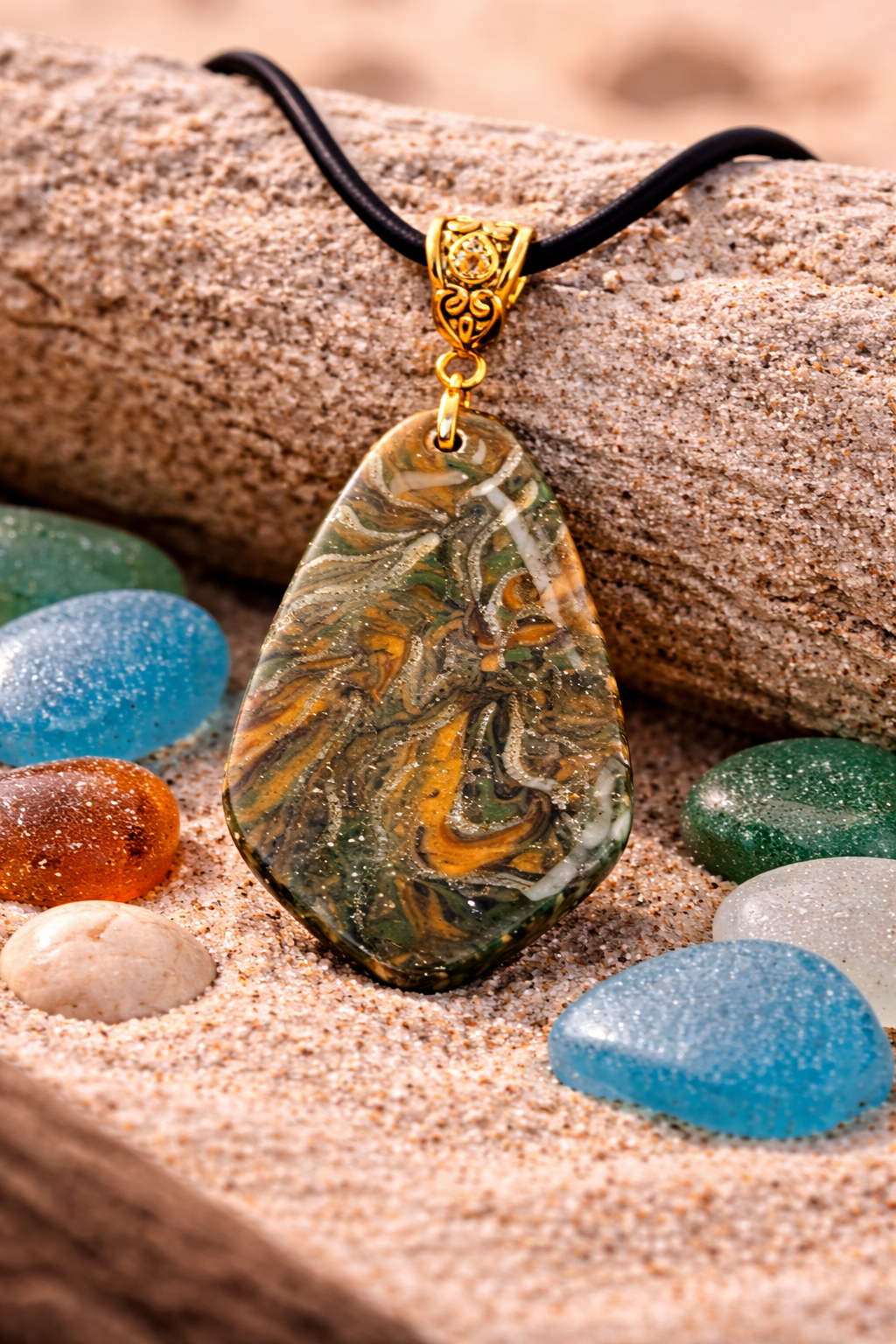 Flowing swirls of green, gold, and ivory Necklace