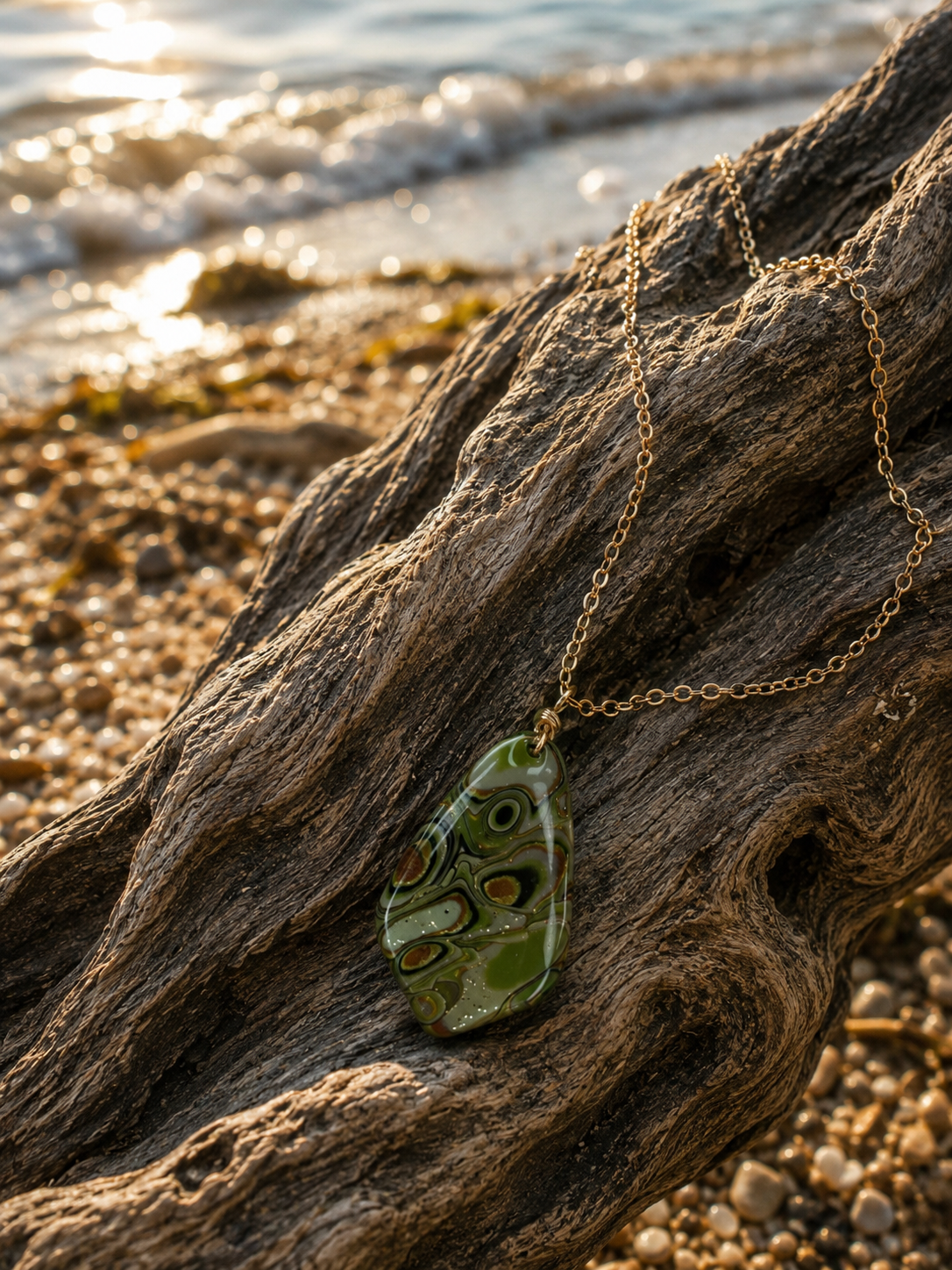 Earthy olive greens, soft ivory, warm bronze, and deep forest tones Necklace