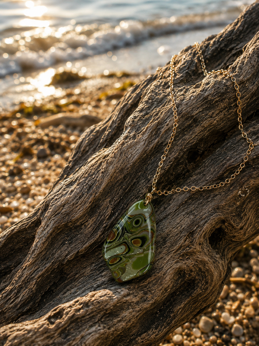 Earthy olive greens, soft ivory, warm bronze, and deep forest tones Necklace