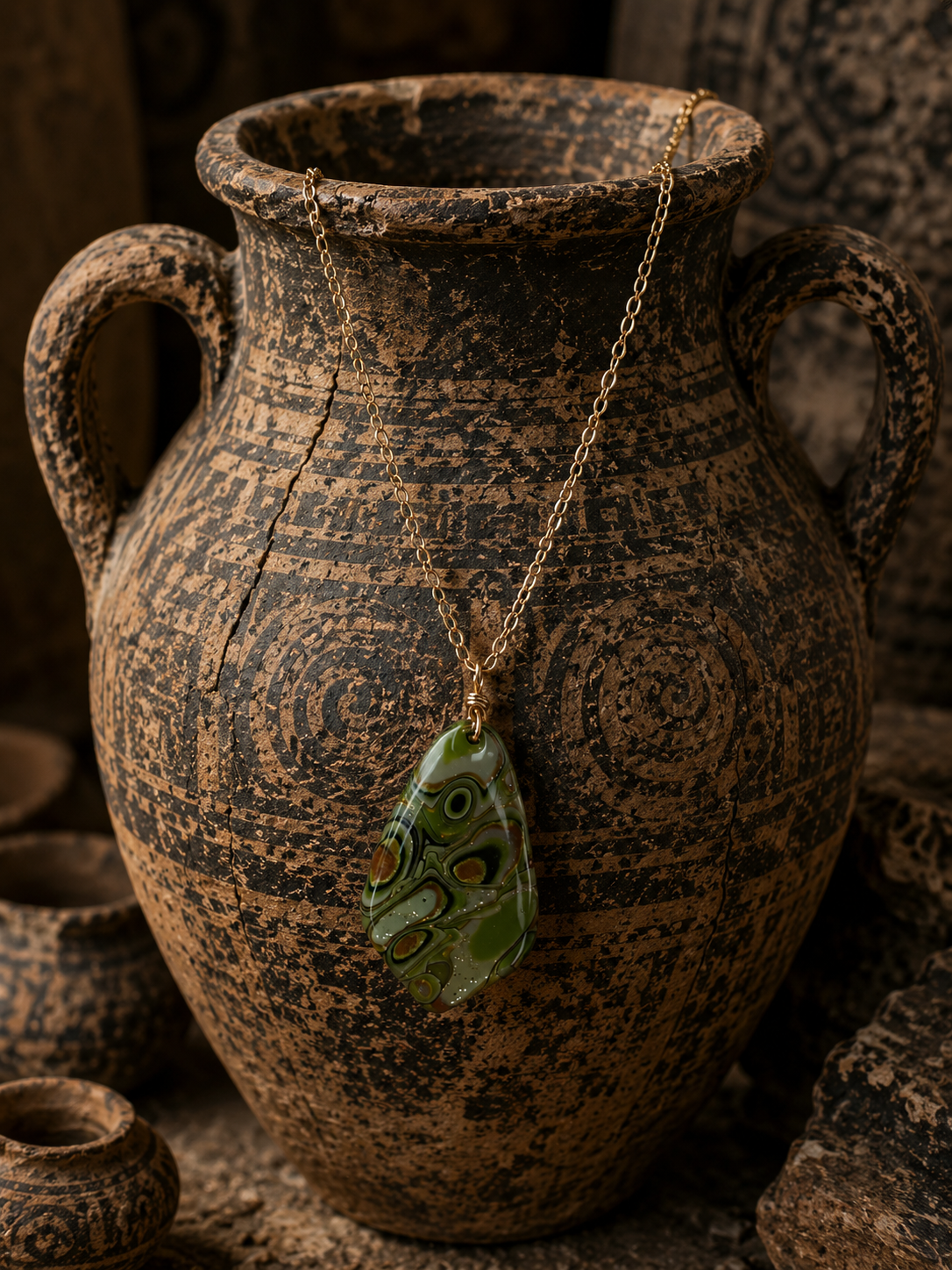 Earthy olive greens, soft ivory, warm bronze, and deep forest tones Necklace