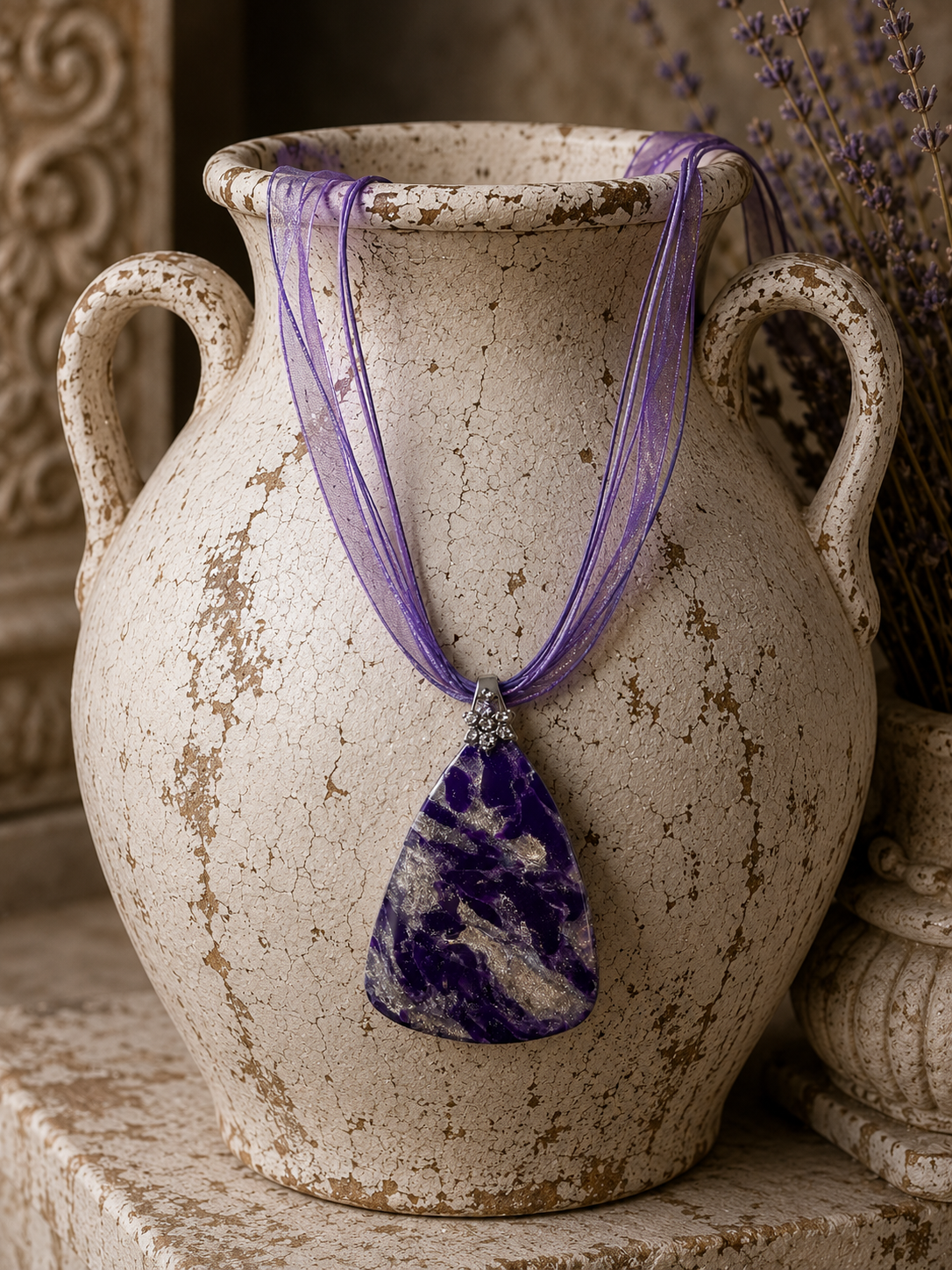 Shimmery dark violet and silver pendant Necklace