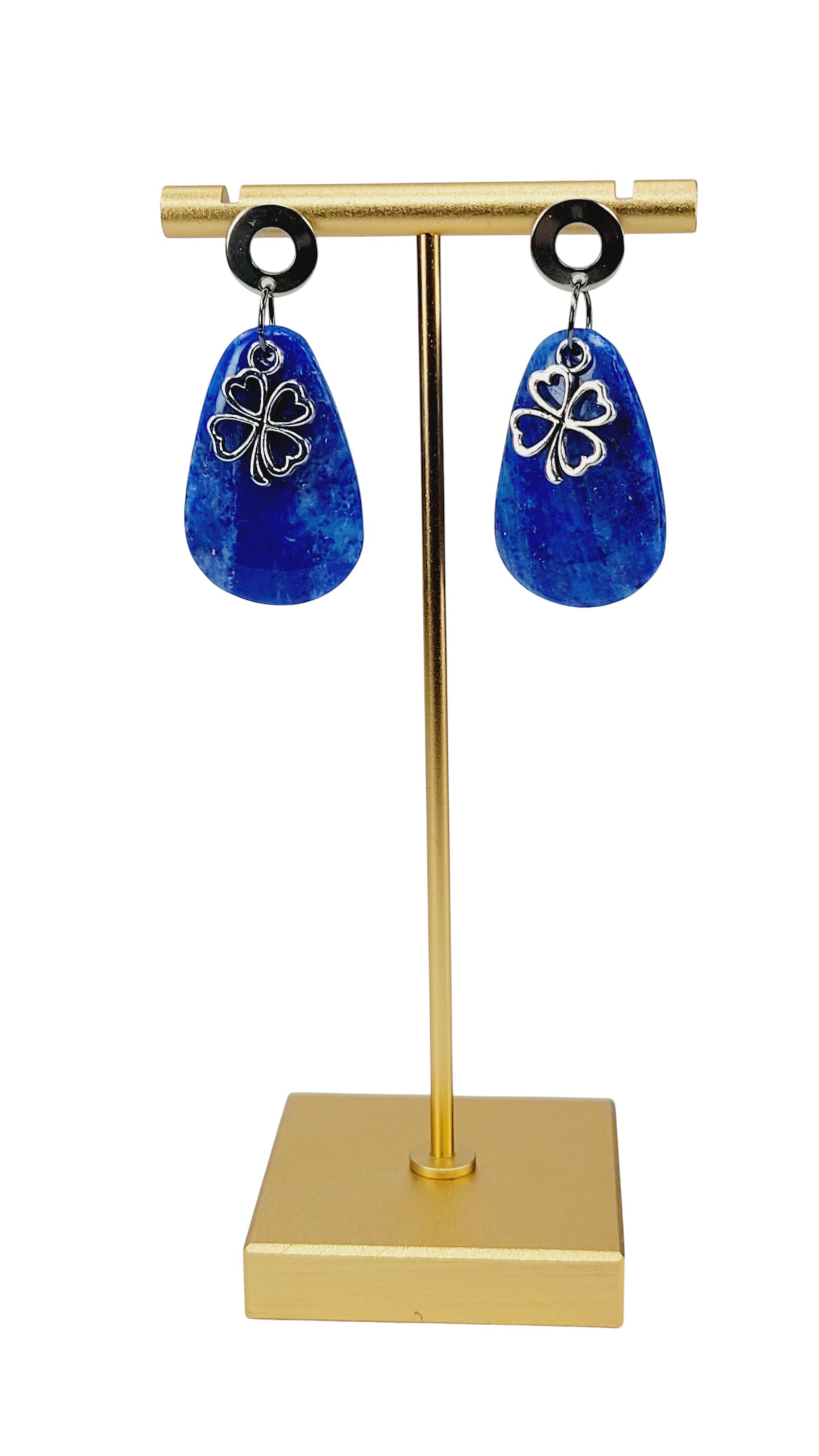 Cobalt-blue teardrops with clover charm Earrings with posts