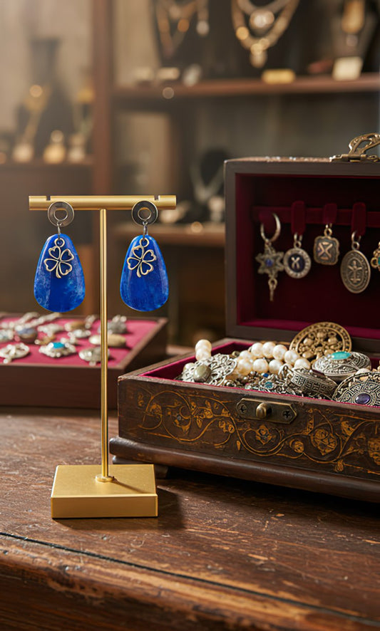 Cobalt-blue teardrops with clover charm Earrings with posts