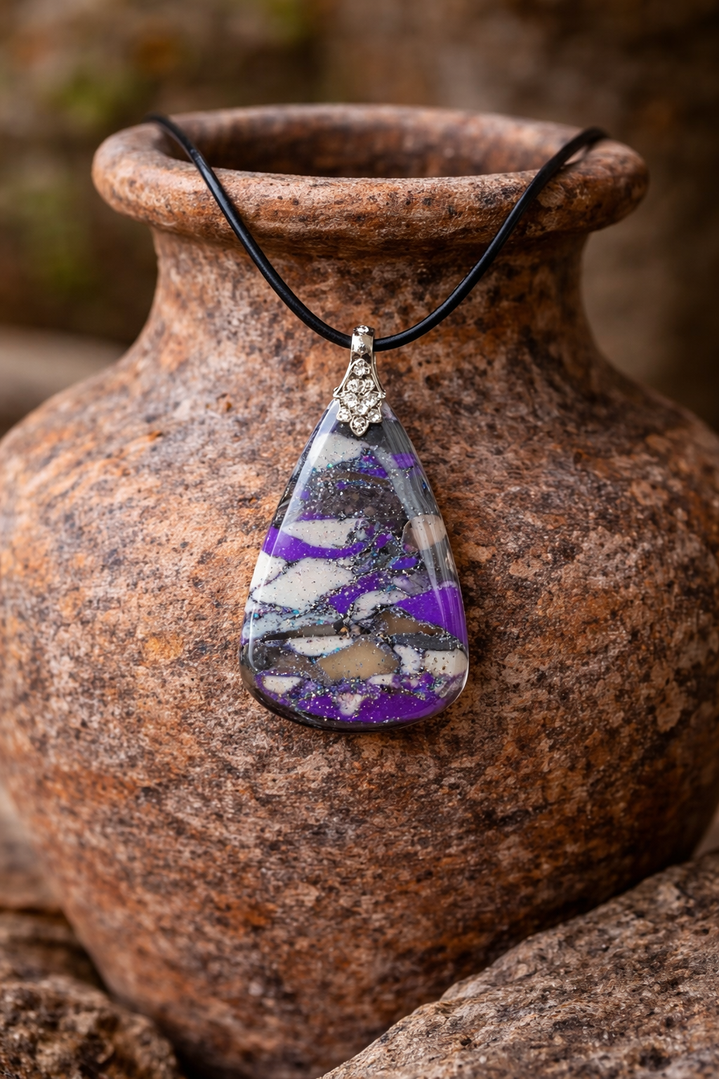 Deep violet, smoky charcoal, and muted stone-like tones Necklace