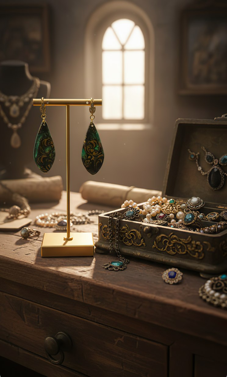 Green with gold drop Earrings