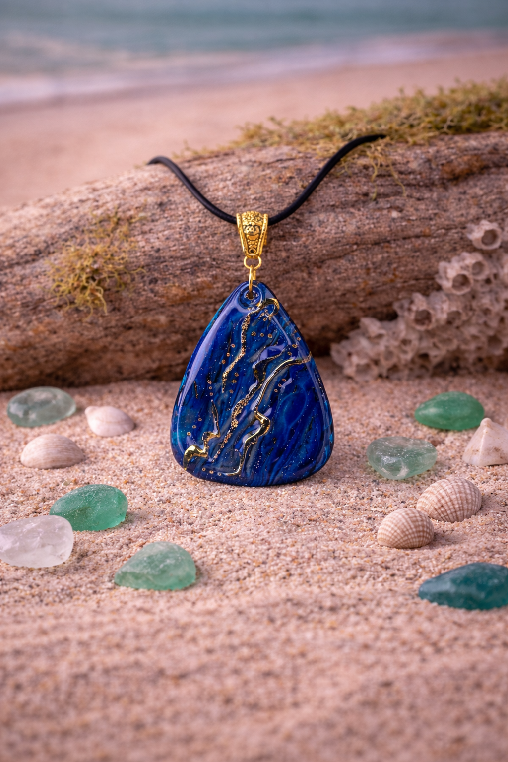 Deep ocean blue, accented with flowing veins of gold Necklace