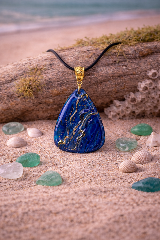 Deep ocean blue, accented with flowing veins of gold Necklace
