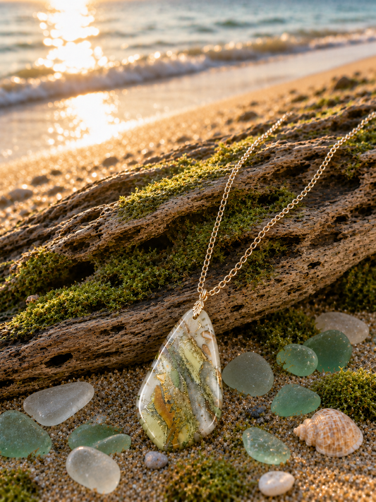 Moss green, smoky gray, warm amber, and muted ivory Necklace