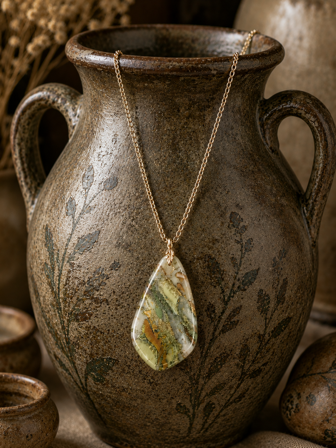 Moss green, smoky gray, warm amber, and muted ivory Necklace