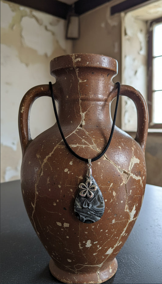 Smoky grey and soft black with flower charm Necklace