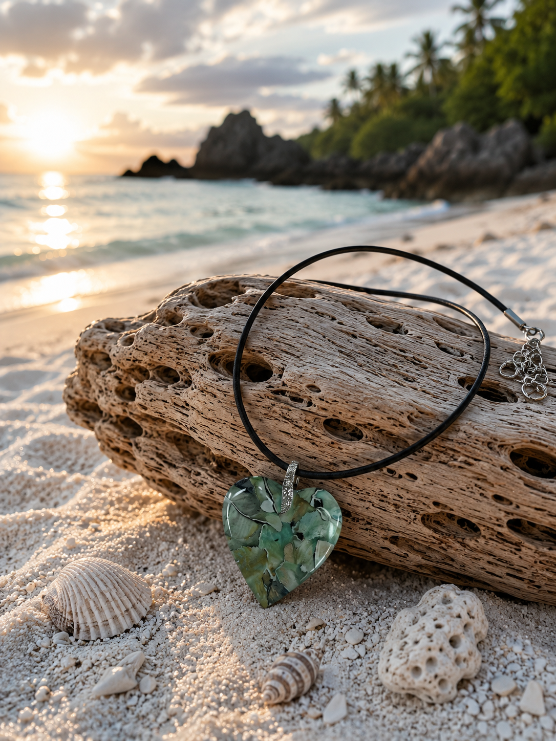 Heart-shaped pendant, soft sage green, seafoam, misty jade, and smoky charcoal Necklace