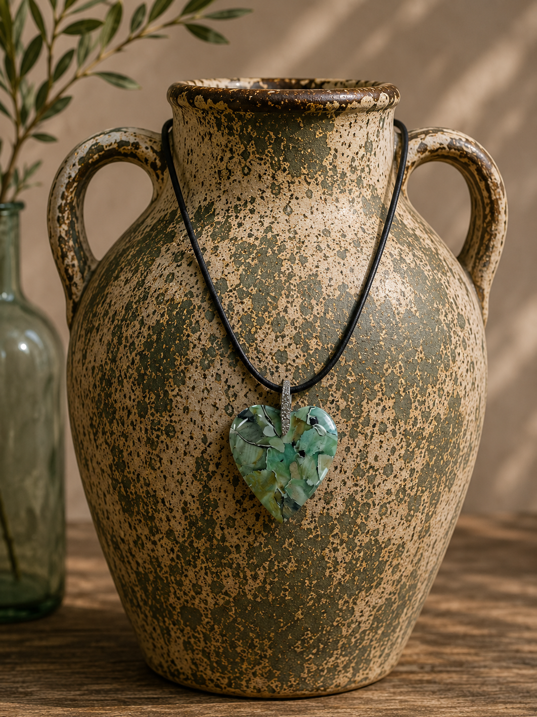 Heart-shaped pendant, soft sage green, seafoam, misty jade, and smoky charcoal Necklace
