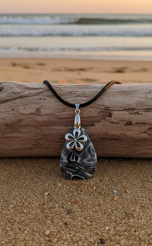 Smoky grey and soft black with flower charm Necklace
