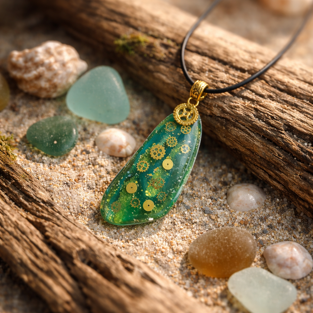 Emerald green steampunk-inspired with gear charm Necklace