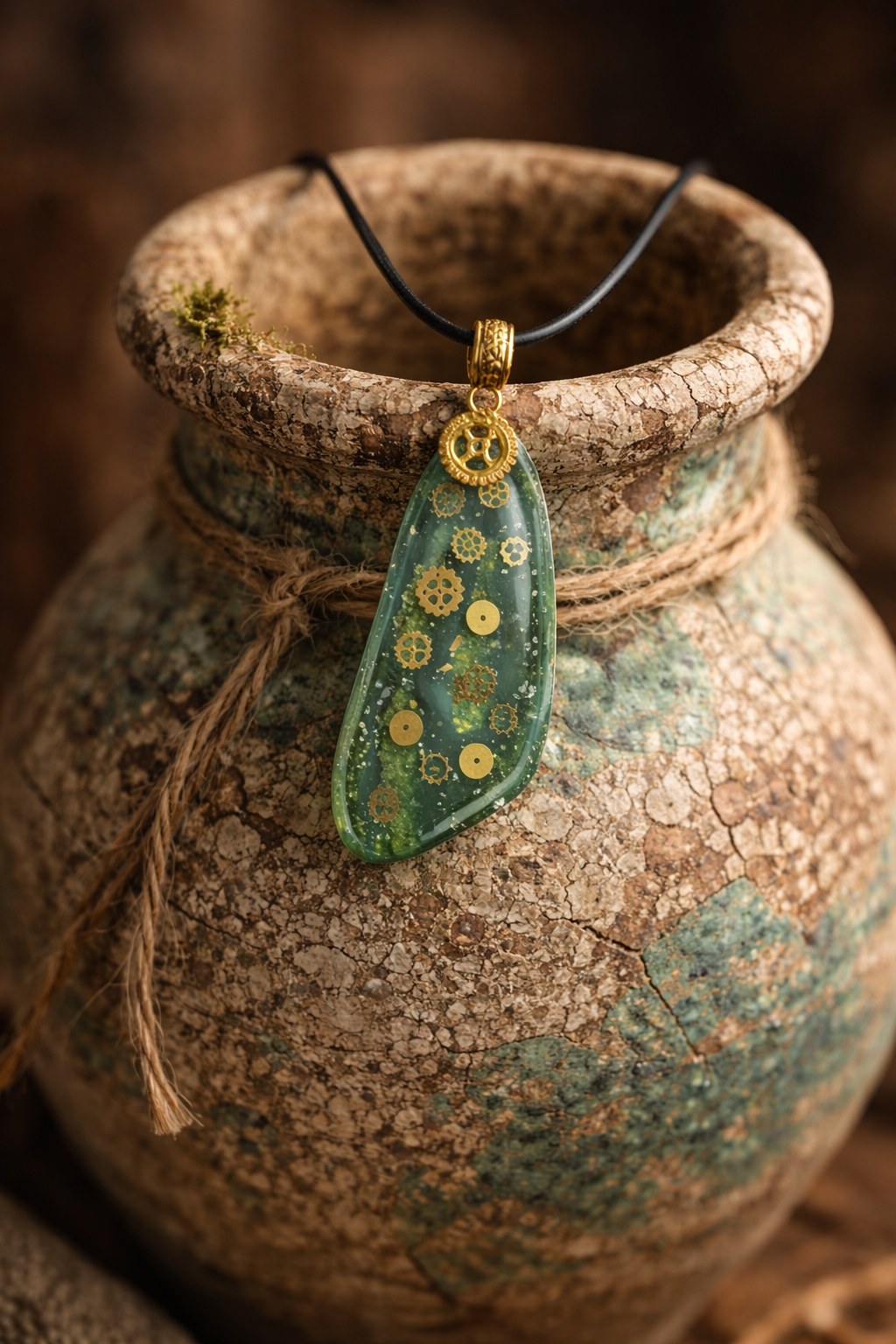 Emerald green steampunk-inspired with gear charm Necklace