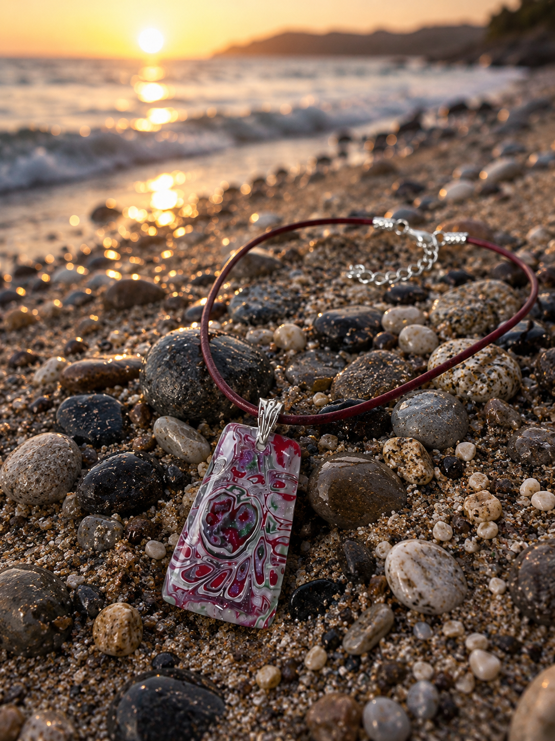 Captivating pendant, rich ruby red, soft mossy green, silvery gray Necklace
