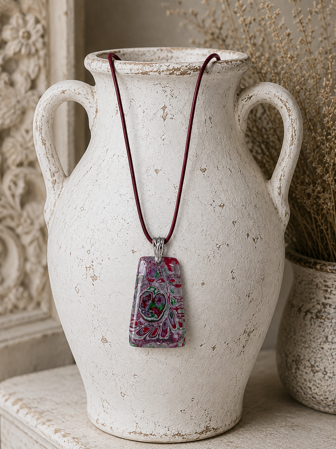 Captivating pendant, rich ruby red, soft mossy green, silvery gray Necklace