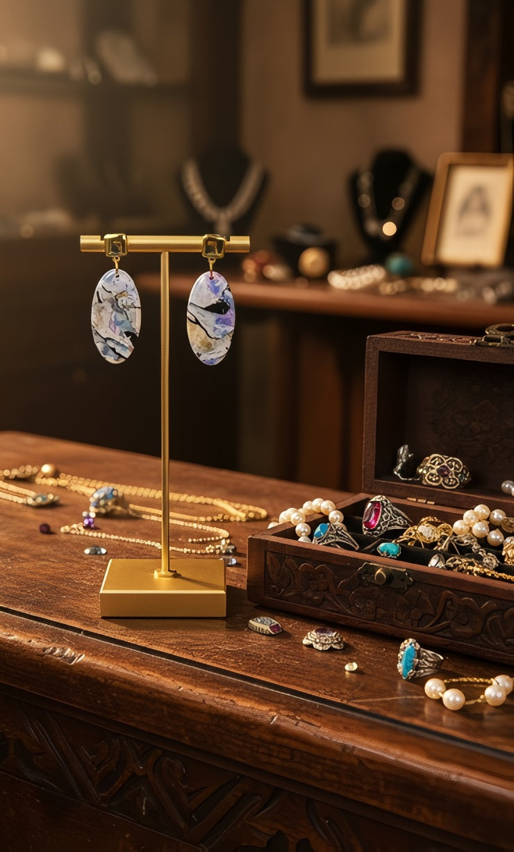 Oval drop Earrings with gold square posts