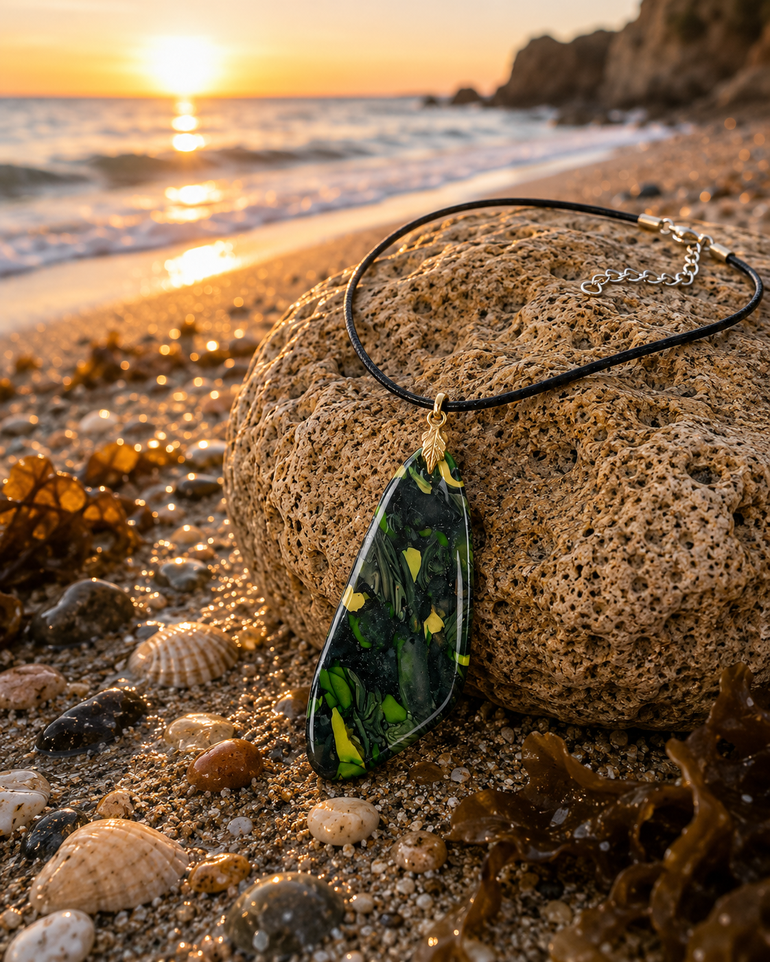 Marbled DOUBLE-sided deep forest green, smoky black, and vivid lime-green Necklace