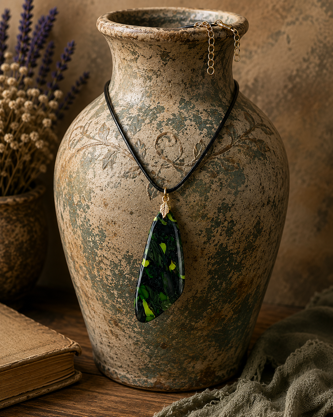 Marbled DOUBLE-sided deep forest green, smoky black, and vivid lime-green Necklace