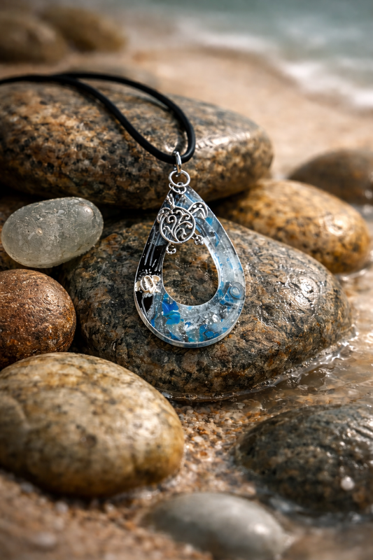 Swirls of blue, white, and silver with turtles Necklace