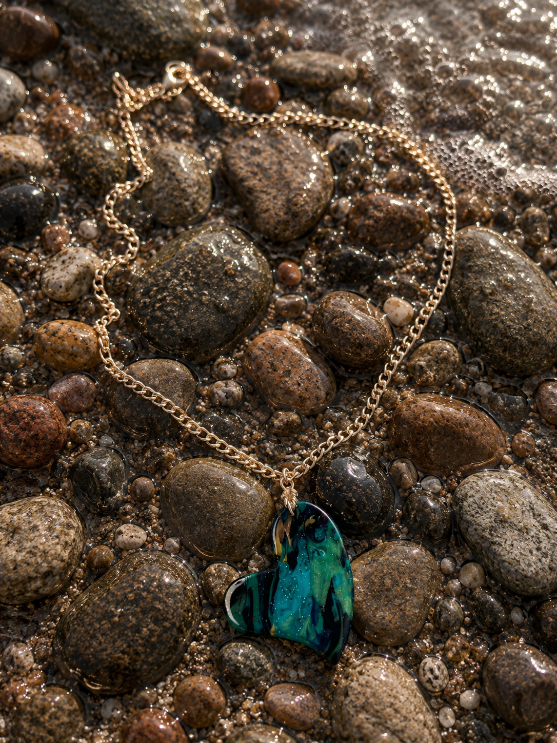 Heart-shaped DOUBLE-sided rich teal, emerald, deep blue Necklace