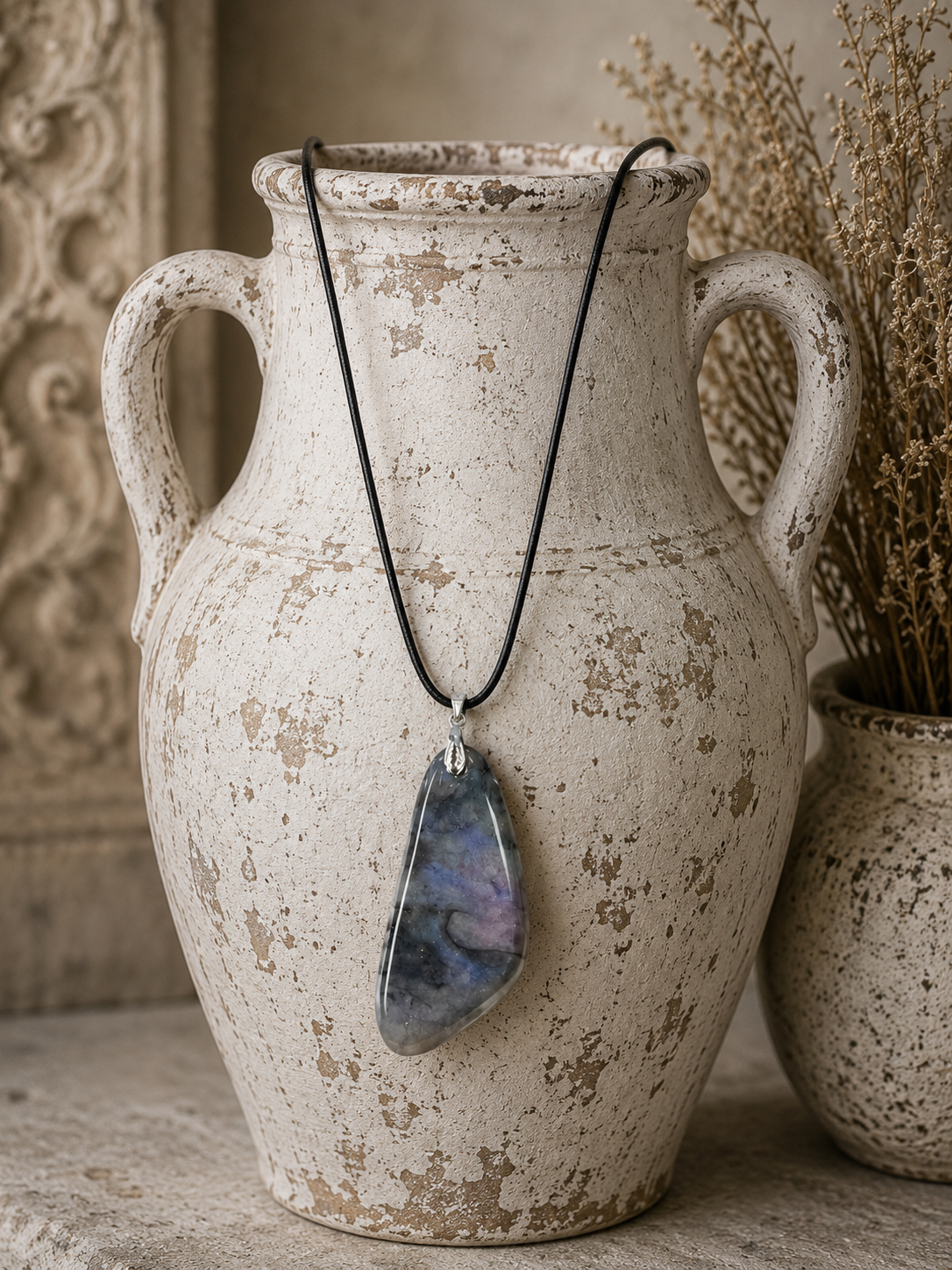 Asymmetrical, soft smoky grays, light charcoal, and hints of lavender Necklace